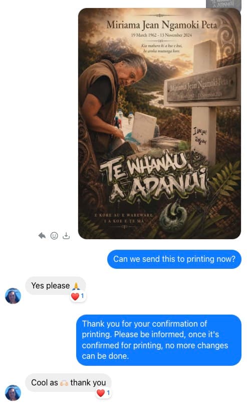Memorial artwork proof followed by the customer's approval to print