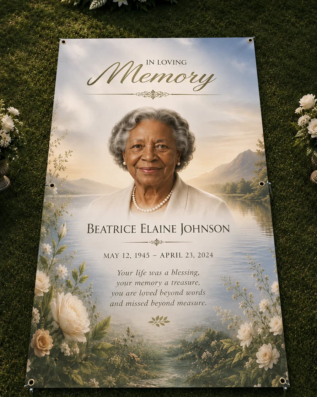 Personalised memorial grave cover displayed on grass