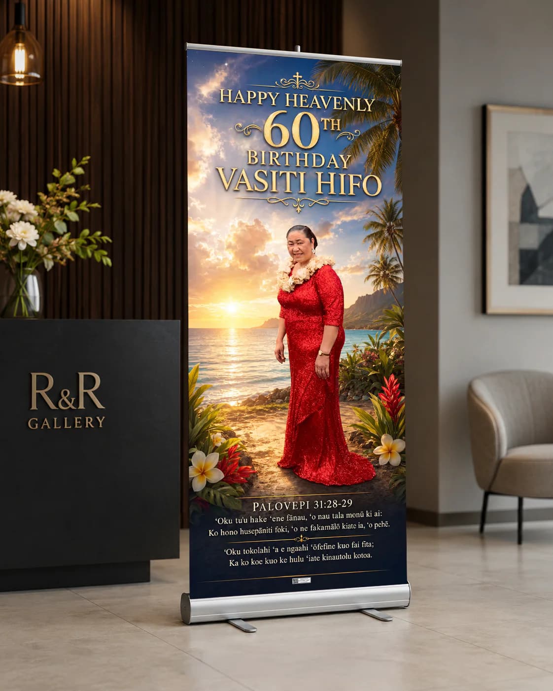 Custom roll-up banner displayed at an event