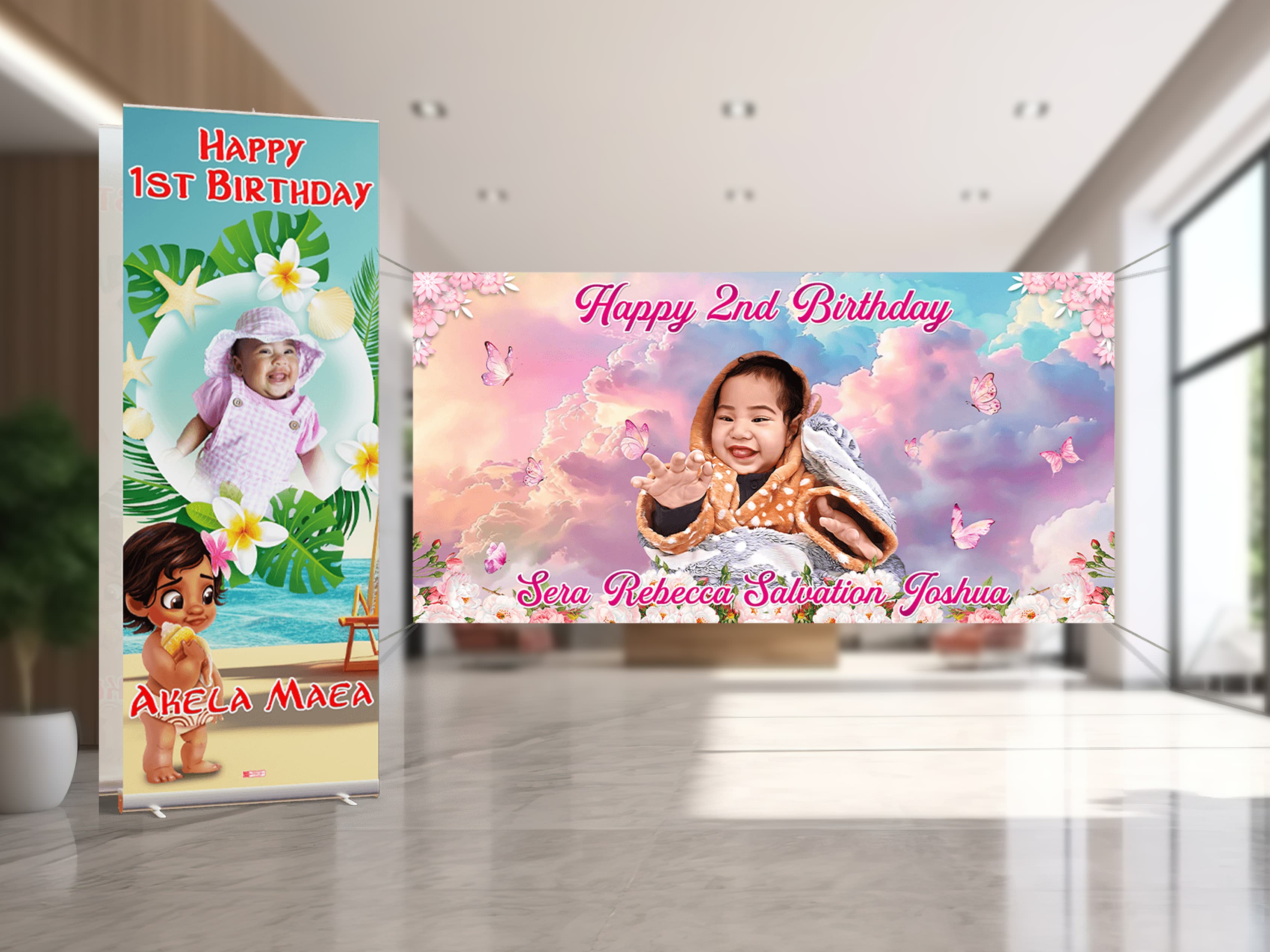 A roll-up banner and matching wall banner prepared as a personalised event package