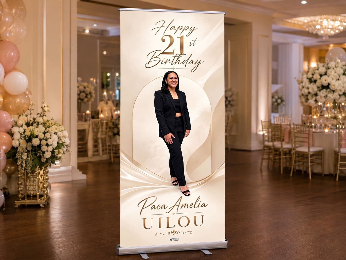 Personalised birthday roll-up banner with its display stand